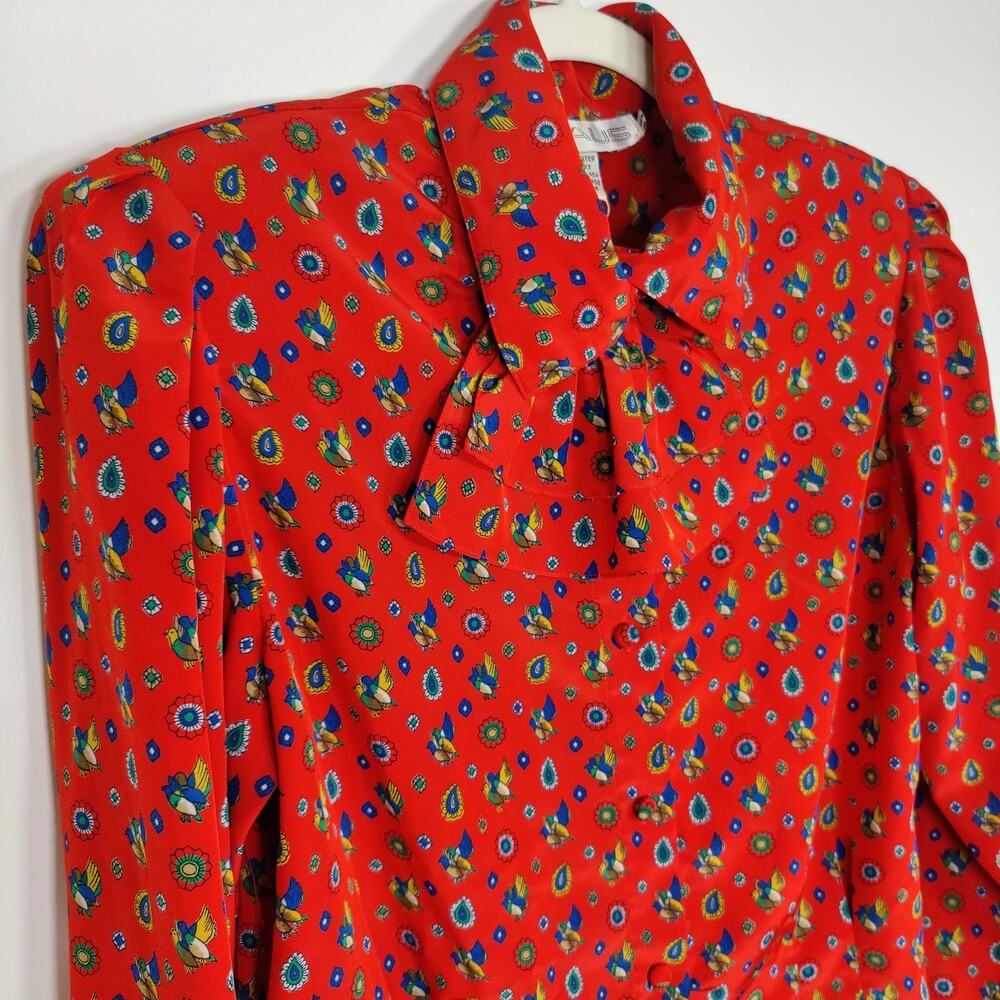 Vintage Chaus Blouse Ruffle 80s Ascot Puff Sleeve Red Bird Print‎ Size 8